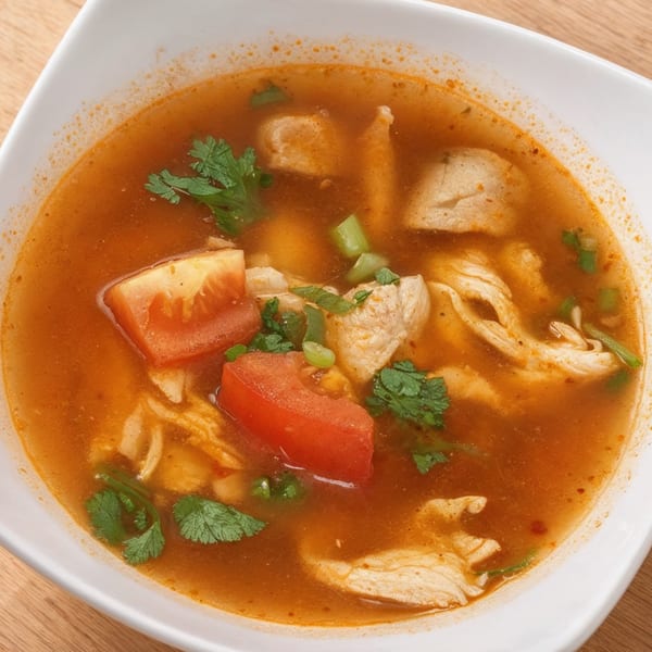 Close-up of Nisa Thai Asian Cuisine's Tom Yum soup with chicken, tomatoes, and cilantro.