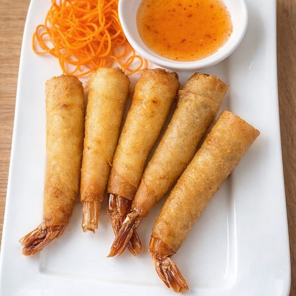 Five golden-fried shrimp rolls with visible tails, served with shredded carrots and sweet chili sauce.